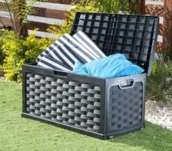 Starplast Rattan Style Black Garden Storage Box Patio With Sit On Lid Plastic